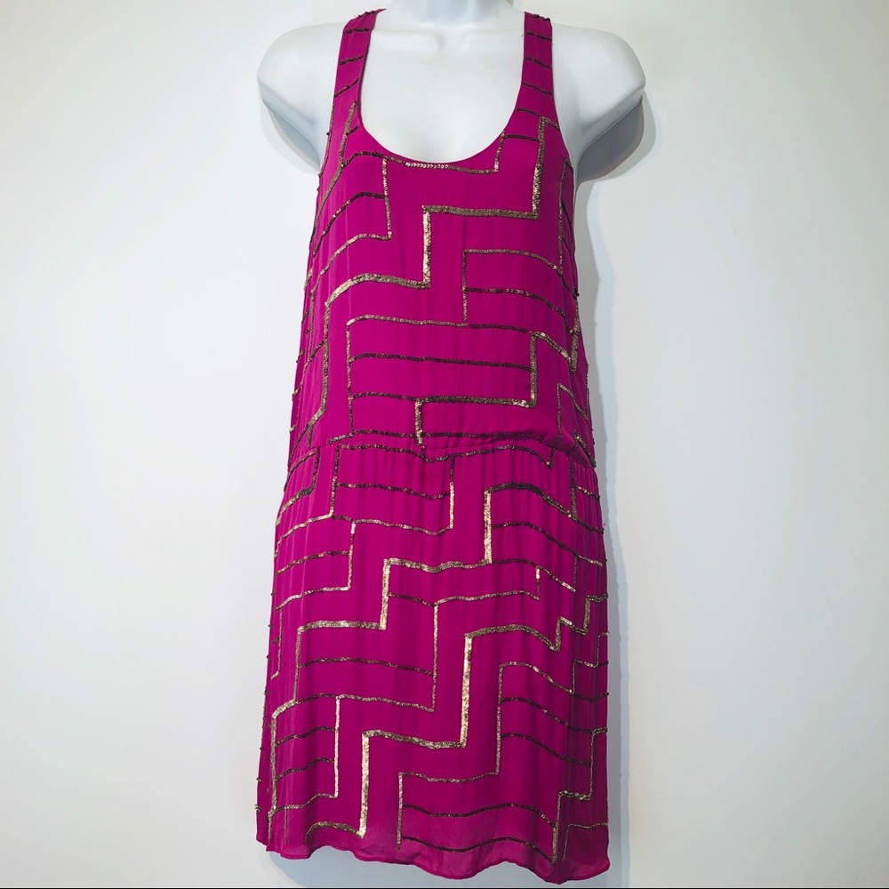 parker silk sequin pink purple racer back dress S